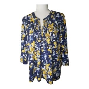 Chico's Blue and Yellow 3/4 Sleeve Mandarin Collar Blouse